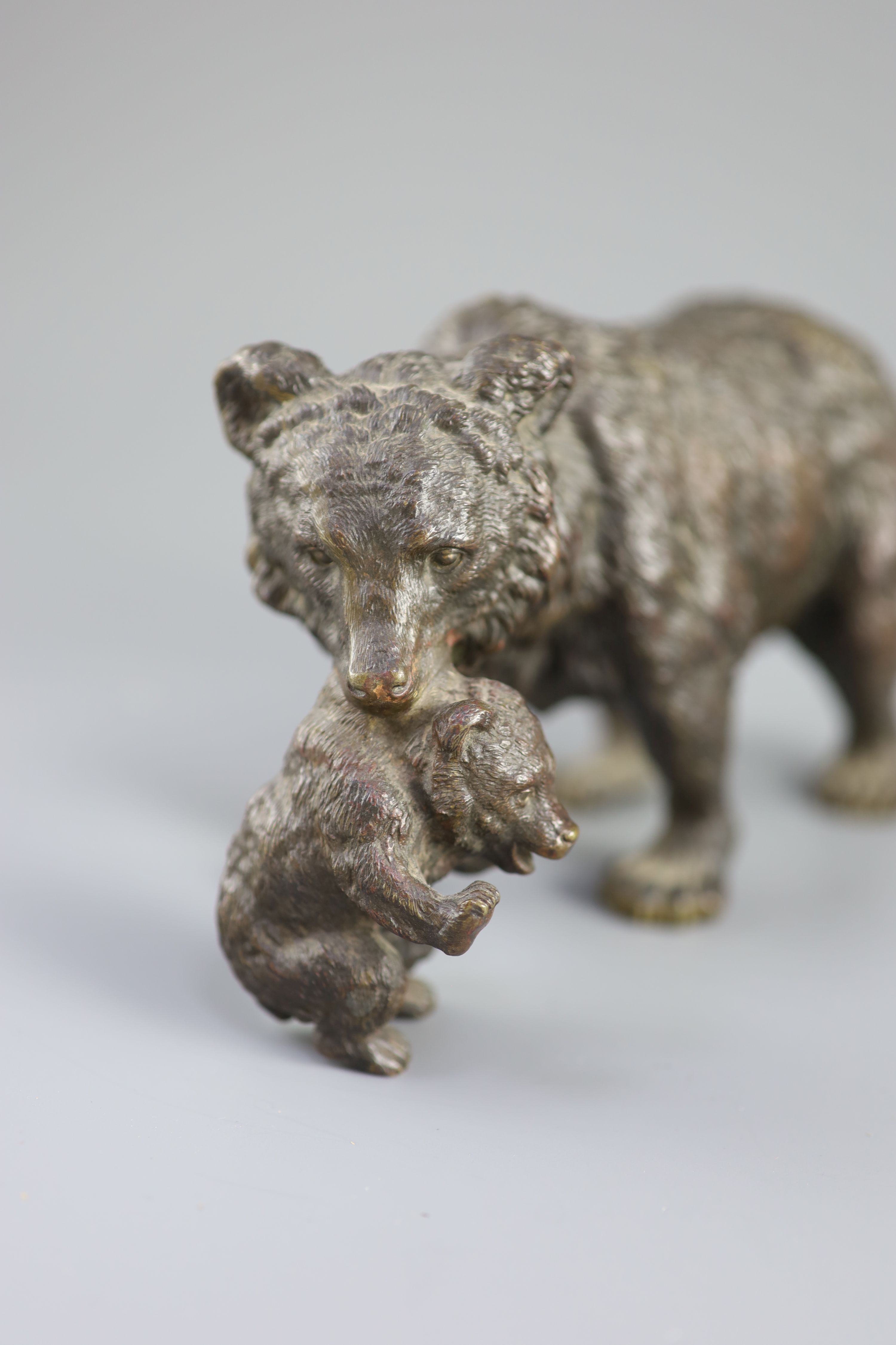 A large Viennese cold painted bronze group of a bear and cub, 19th century, probably by Bergman, 20 cm long, 11cm high
